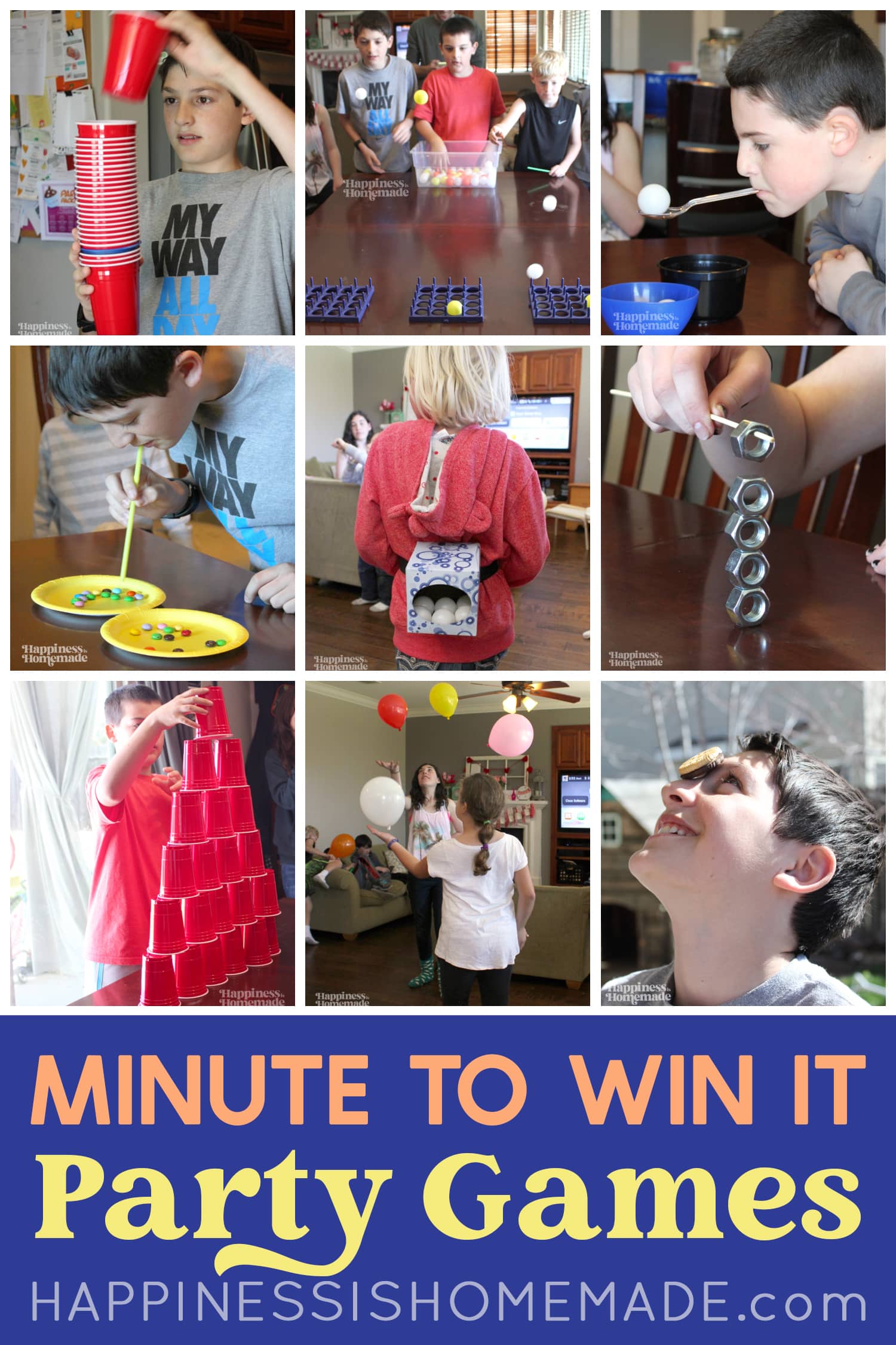 "Minute to Win It Party Games: Fun for All Ages!" text with collage image depicting several Minute to Win It Games for Kids and Adults