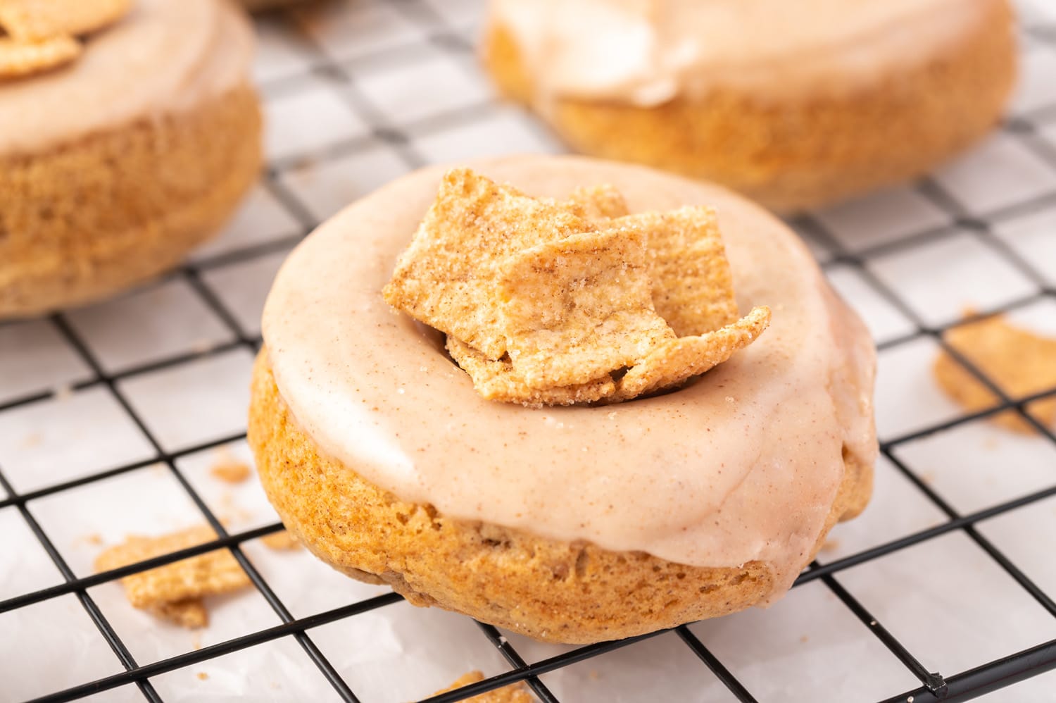 Perfect yummy donut sprinkled with cinnamon toast crunch cereal