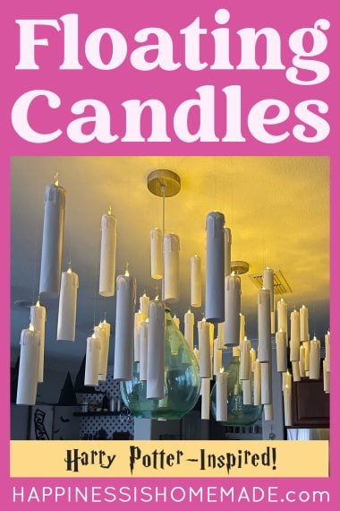 "Floating Candles: Harry Potter-Inspired" graphic with DIY floating candles hanging from ceiling