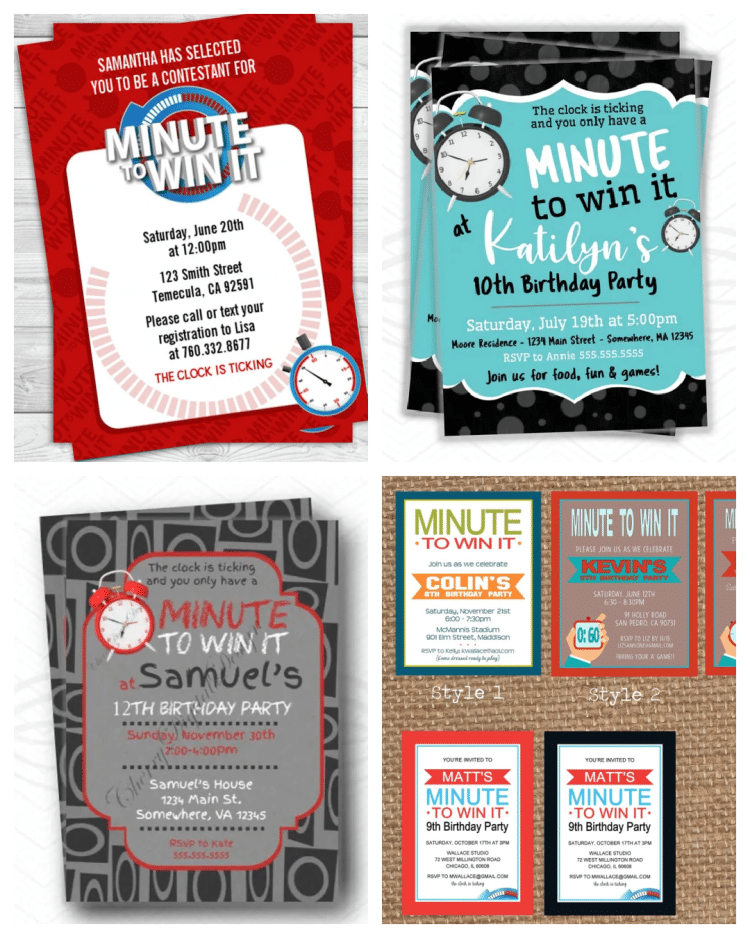 Collage image showing several different types of Minute to Win It party invitations
