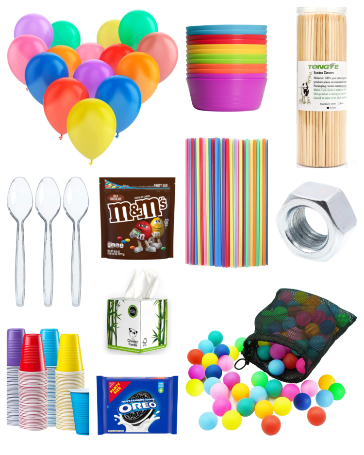 Colorful collage image of household items supplies needed to play these Minute to Win It Games