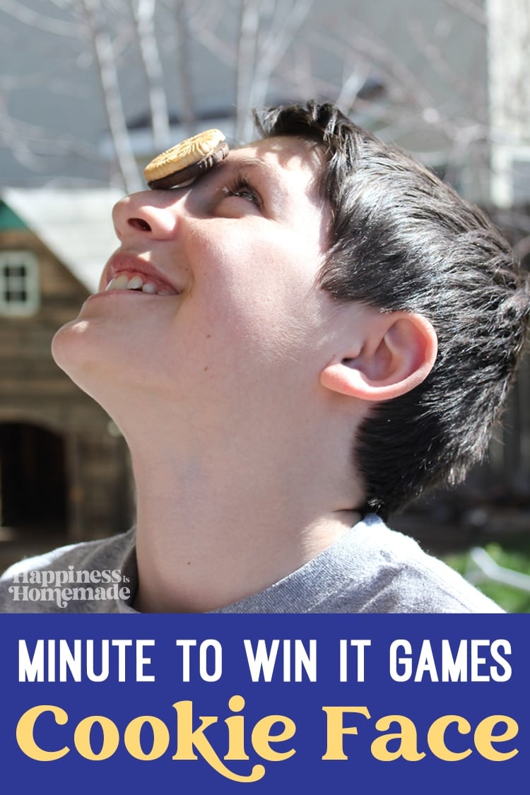 "Minute to Win It Games: Cookie Face" text with image showing a smiling boy looking up with a cookie on his forehead