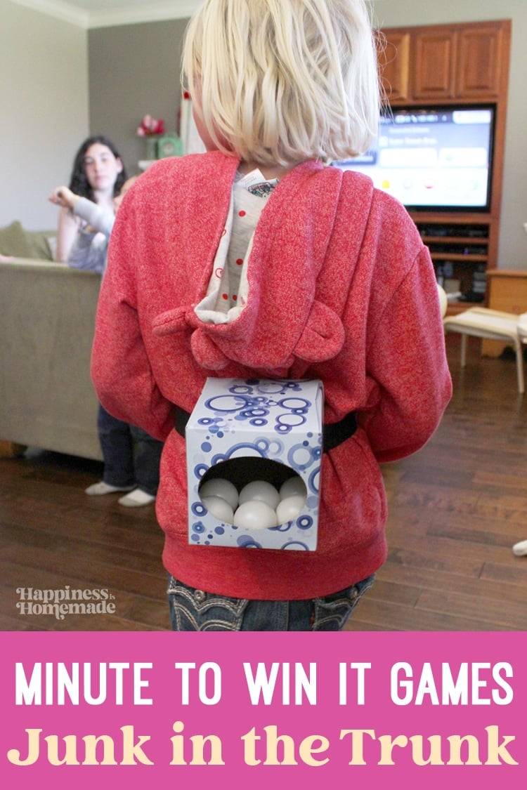 "Minute to Win It Games: Junk in the Trunk" text with image showing a ping pong ball-filled tissue box strapped around a girl's waist