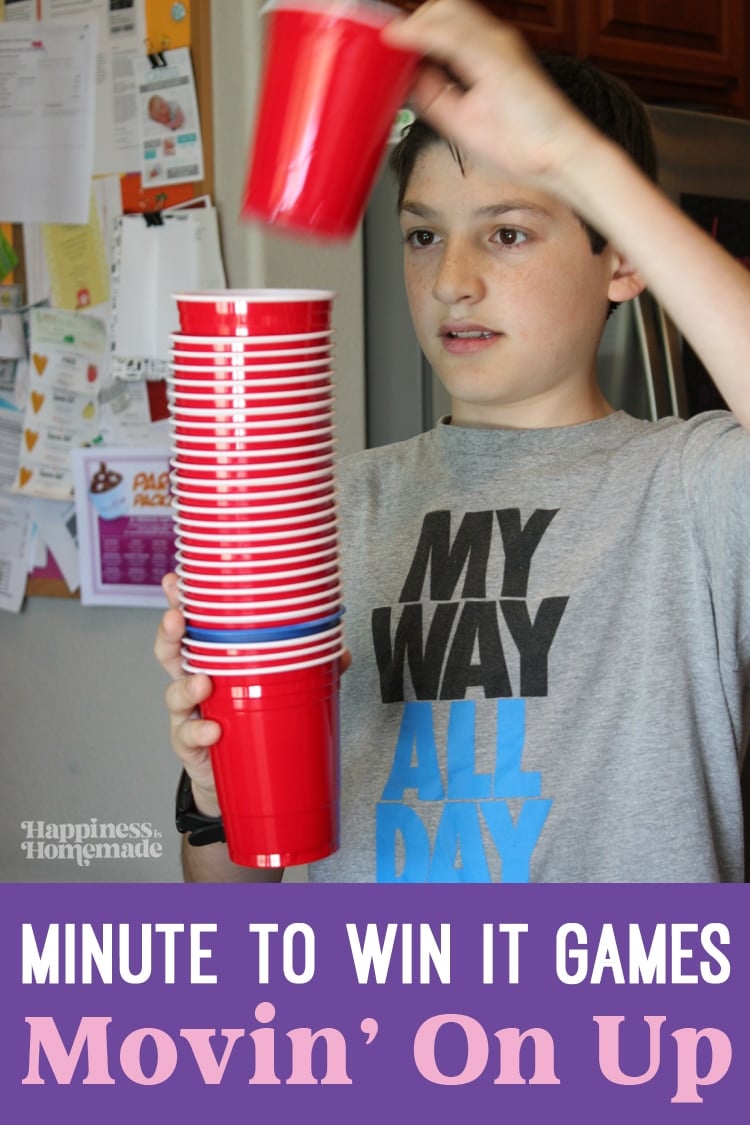 "Minute to Win It Games: Movin' On Up" text with image showing a boy with a stack of colorful party cups in his hands