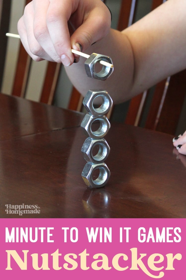 "Minute to Win It Games: Nutstacker" text with image showing a hand holding a wood skewer with hex nuts stacked up underneath