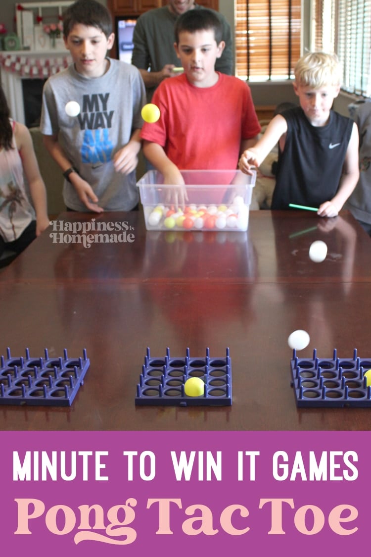 "Minute to Win It Games: Pong Tac Toe" text with image showing three boys bouncing ping-pong balls across the table into a target