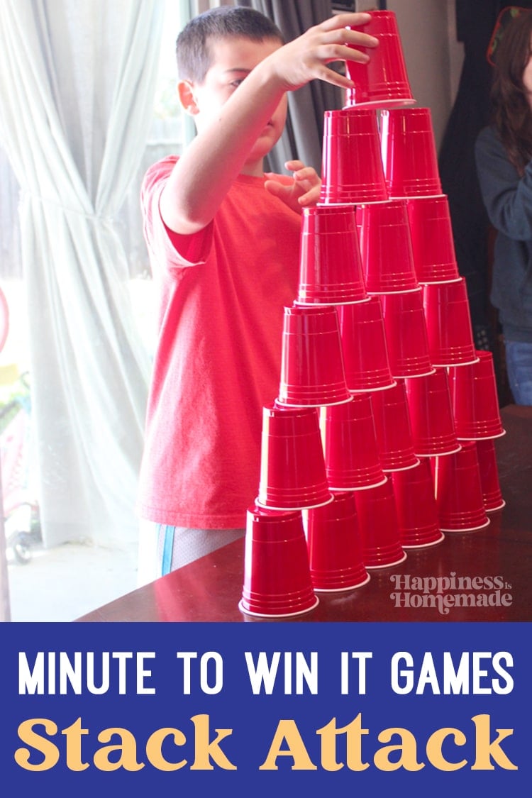 "Minute to Win It Games: Stack Attack" text with boy stacking red party cups into a tower