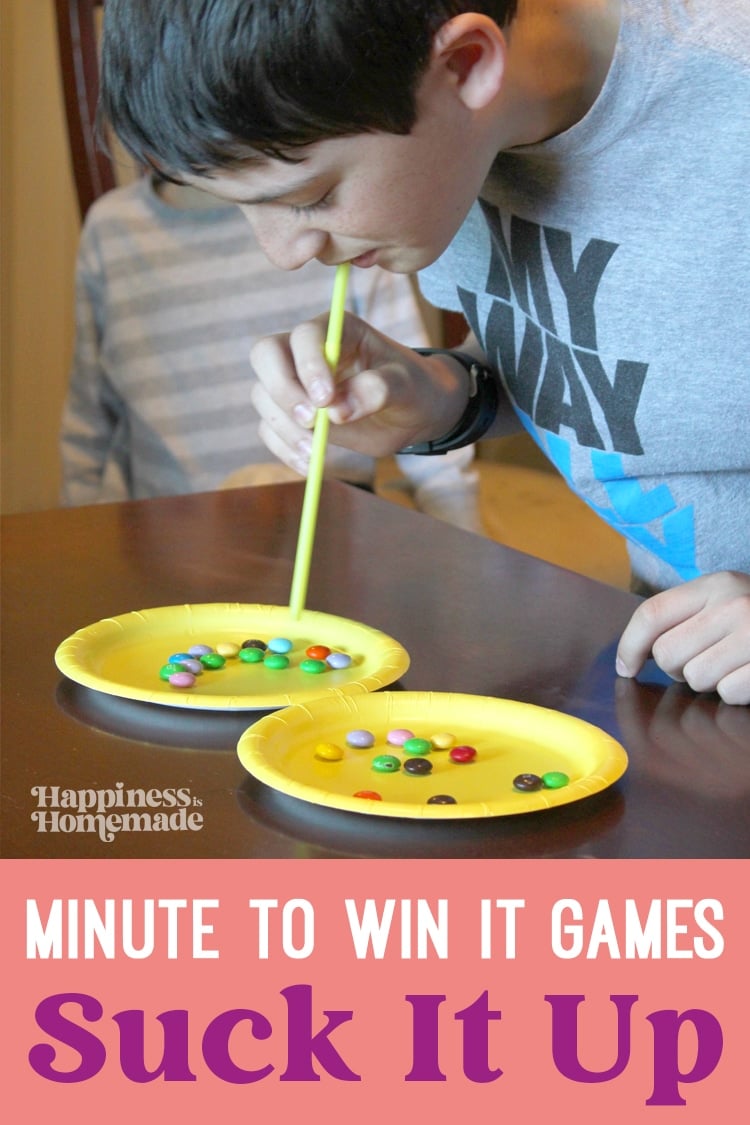 "Minute to Win It Games: Suck It Up" text with image showing a boy using a straw to transfer candies from one plate to another