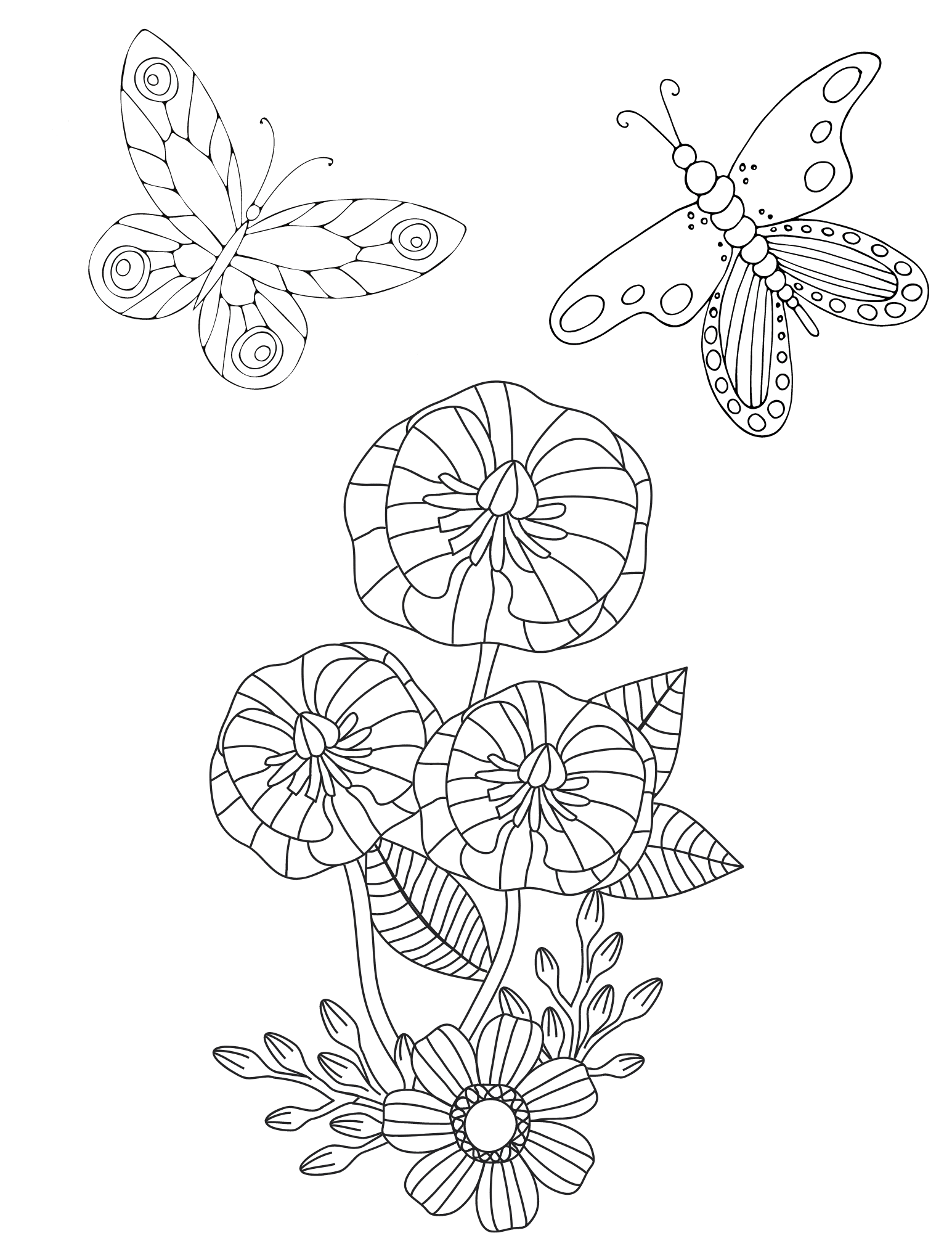 Color in this free printable Butterfly coloring page that features flowers and butterfly spring time scenery