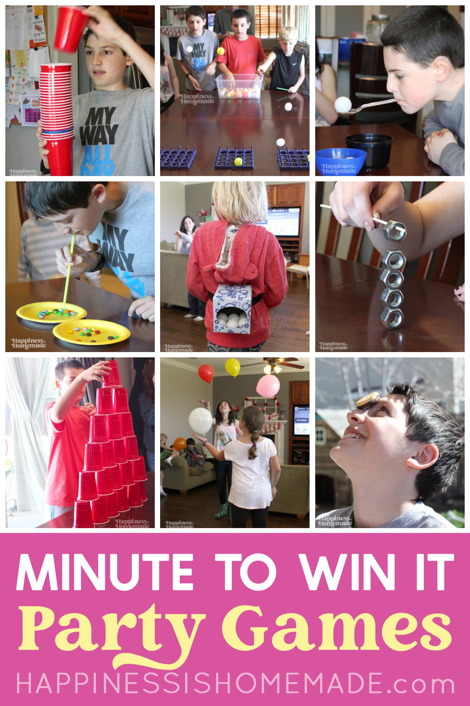 "Minute to Win It Party Games: Fun for All Ages!" text with collage image depicting several Minute to Win It Games for Kids and Adults