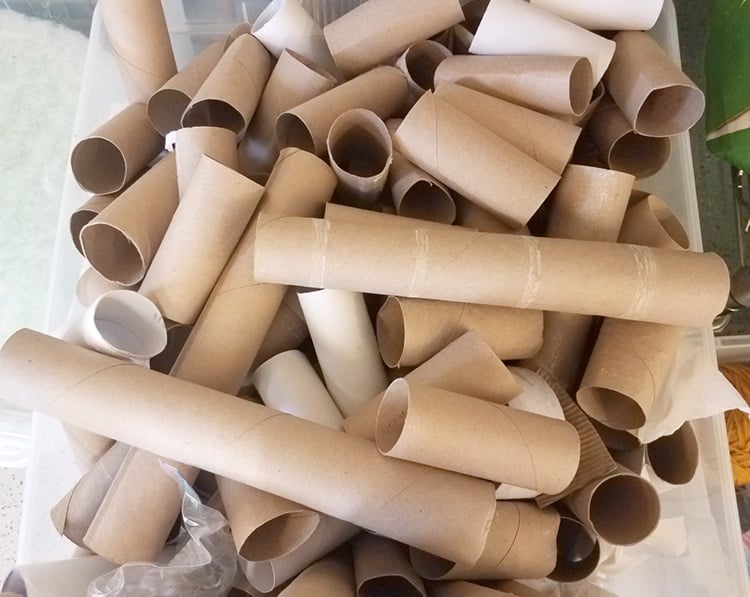 plastic container with many cardboard paper towel and toilet paper tubes