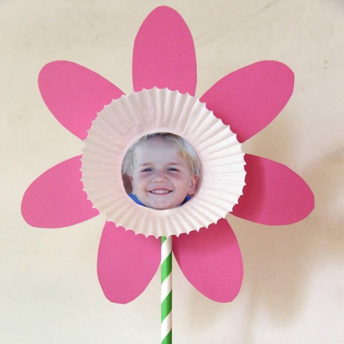 Cute pink paper flower with cupcake liner center and school photo