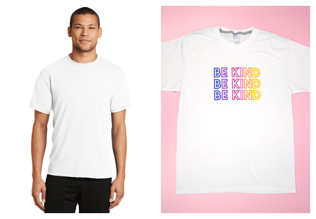 Port & Company Performance Blend tee shirt - shirt fit shown on model, and also shown in flat lay with repeating "Be Kind" design