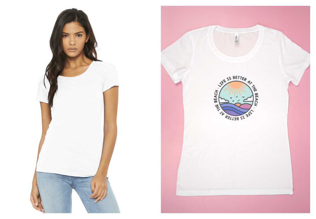 White Bella+Canvas slim-fit t-shirt - shirt fit shown on model, and also shown in flat lay with "Life is Better at the Beach" design