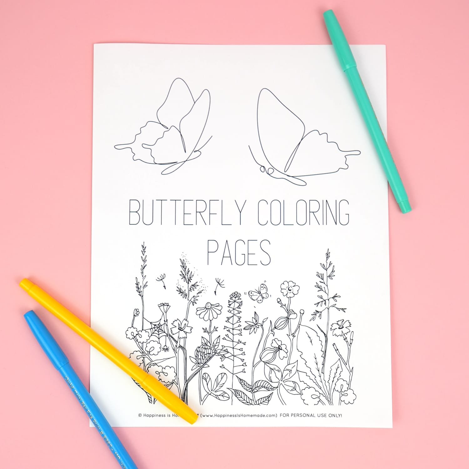 Free coloring page featuring 'Butterfly Coloring Pages' text and decorated with flowers and butterflies on a pink background with markers