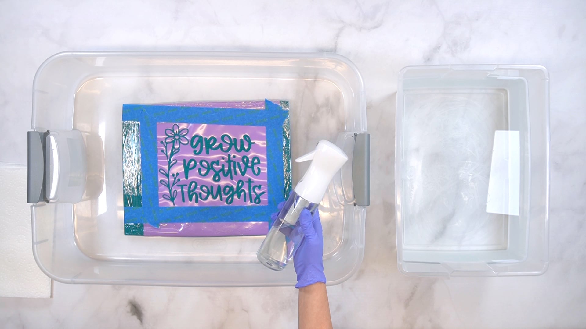 hand holding a spray bottle above two plastic tubs