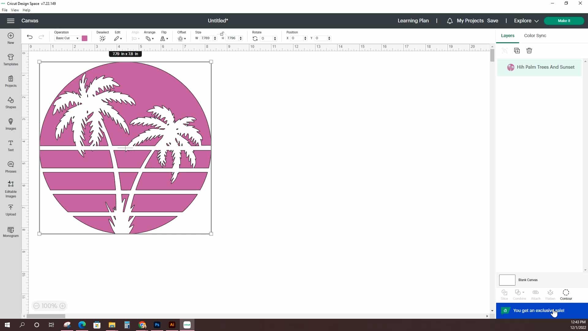 Screenshot of Cricut Design Space canvas with sunset and palm tree design
