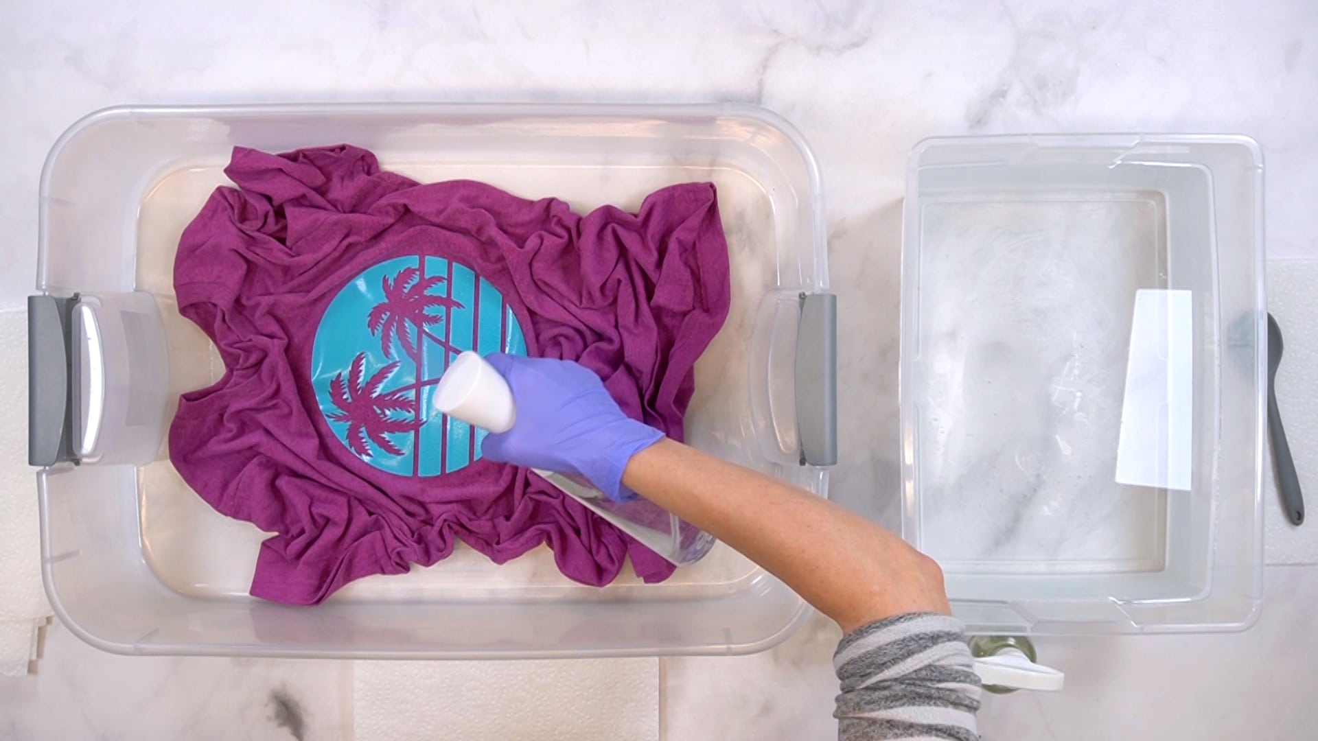Hands wearing purple gloves spraying bleach solution on a purple shirt in a plastic tub