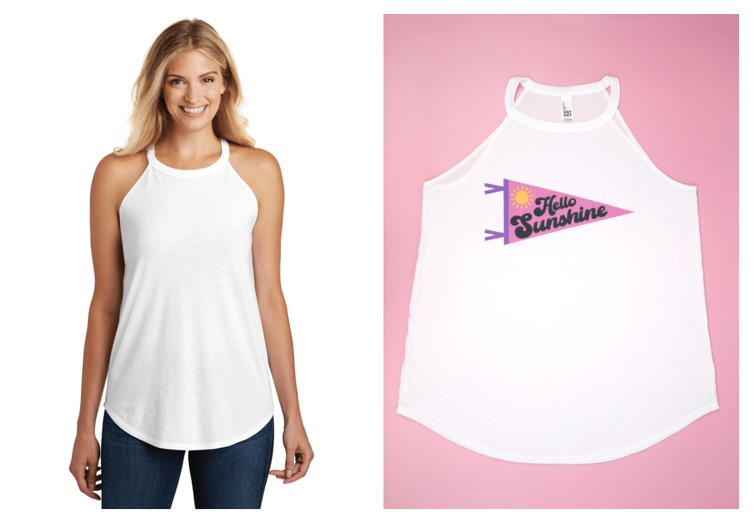 District Rocker Tank in white - shirt fit shown on model, and also shown in flat lay with "hello, sunshine" pennant design