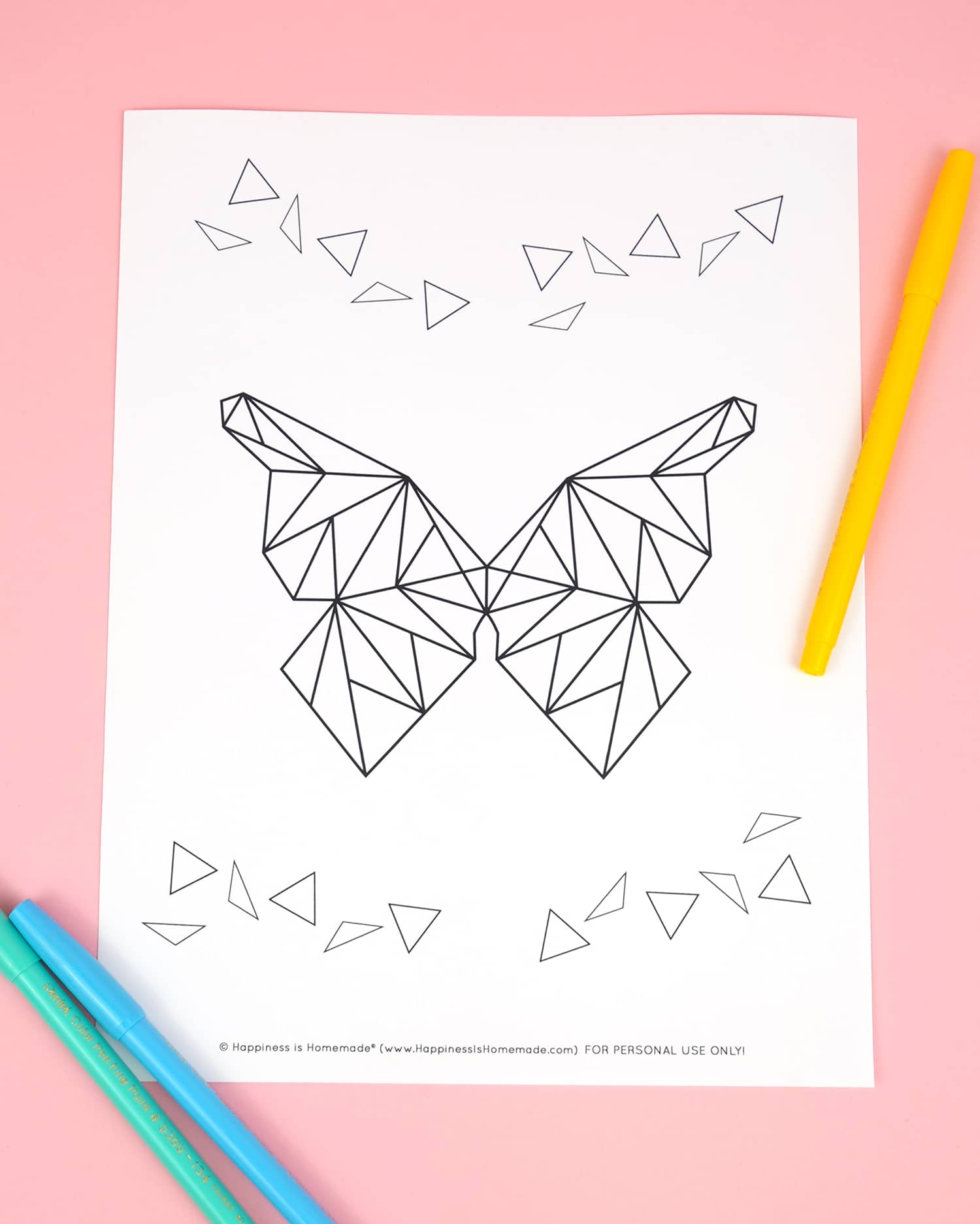 Abstract geometric butterfly printable coloring page on pink background