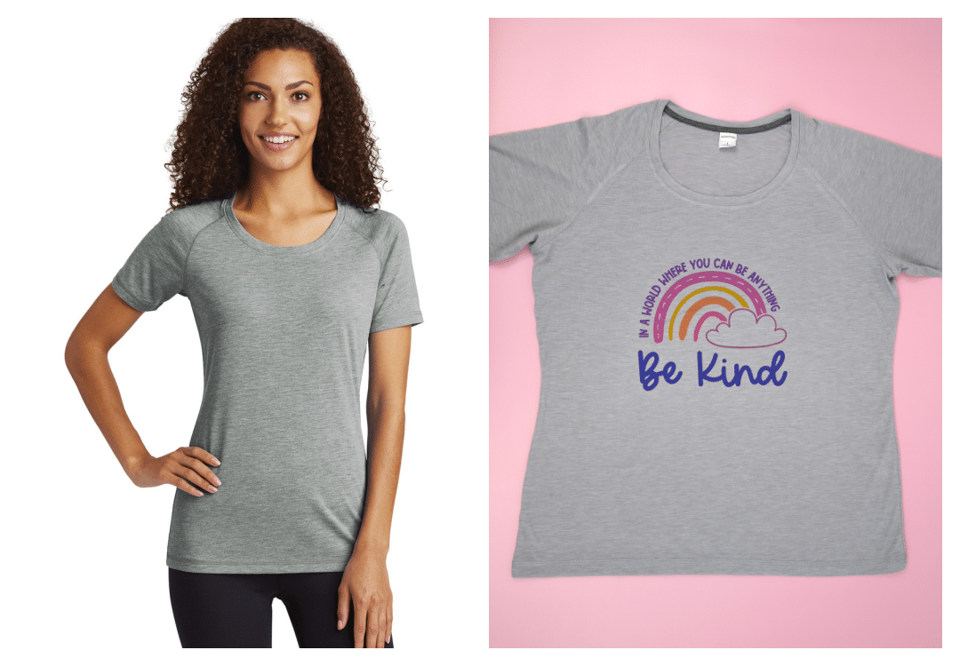 Grey Sport Tek ladies scoop neck raglan t-shirt - shirt fit shown on model, and also shown in flat lay with rainbow and "be kind" design