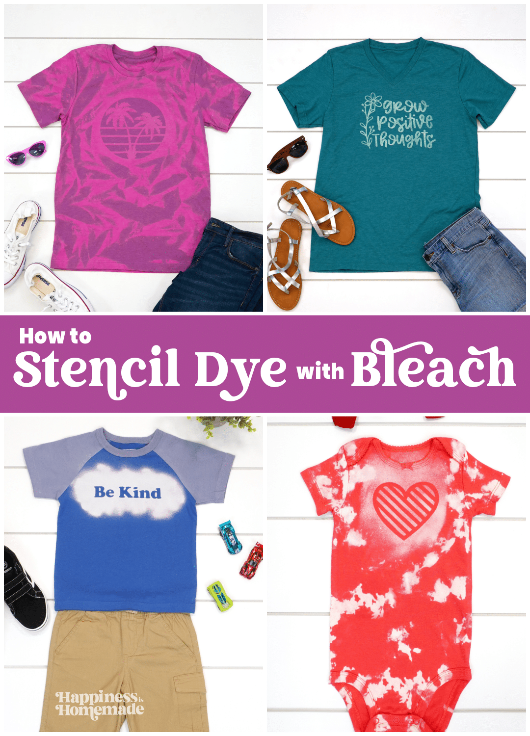 "How to Stencil Dye with Bleach" graphic with collage of four bleach stenciled shirt designs