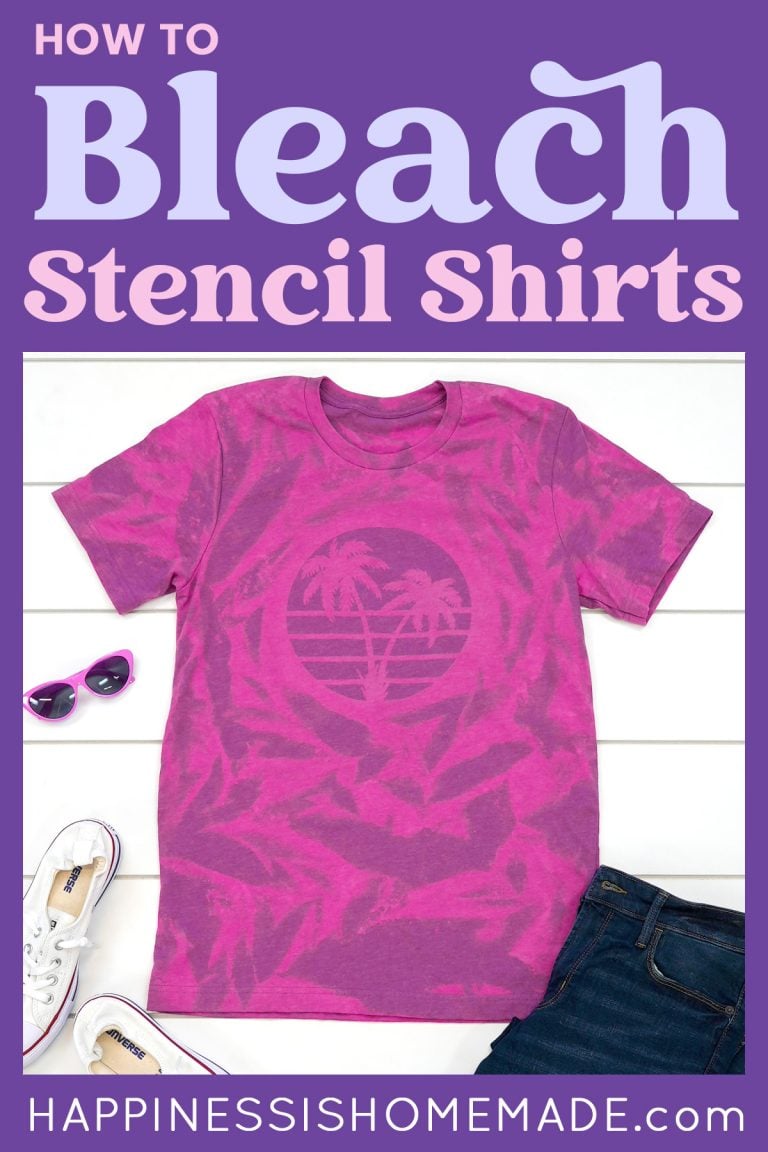 "How to Bleach Stencil Shirts" graphic featuring a pink and purple bleach-dyed shirt with palm tree design