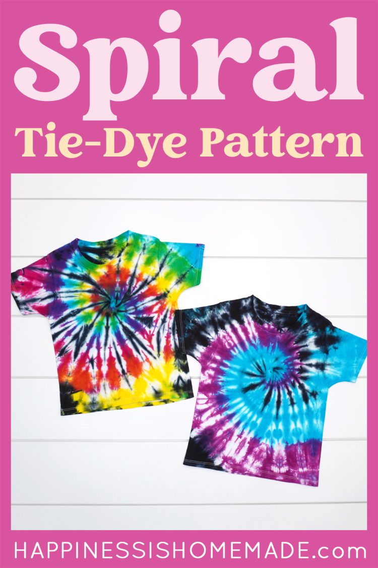 "Spiral Tie-Dye Pattern" graphic featuring two shirts with colorful spiral tie dye patterns on a white wood background
