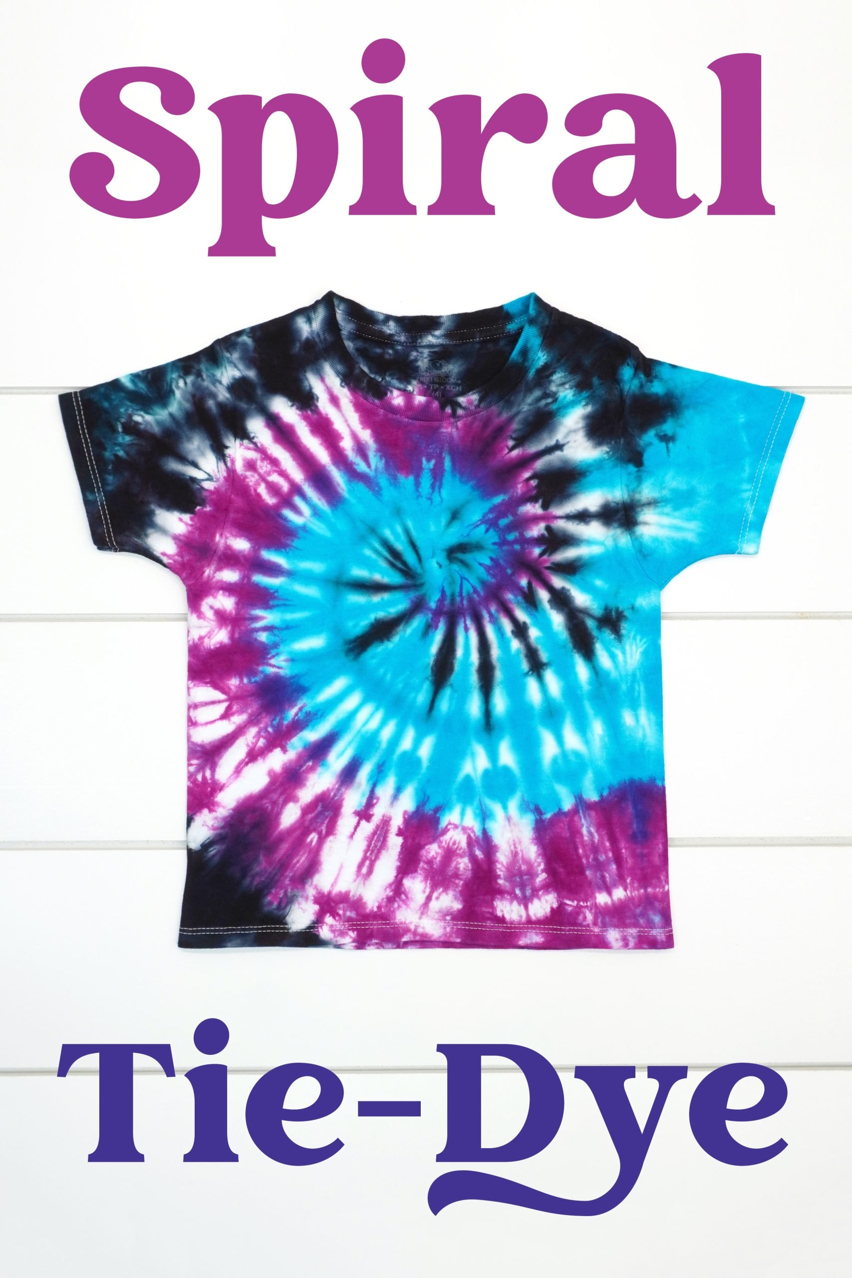 Blue, Purple and Black spiral tie dye shirt on white background with "Spiral Tie Dye" text