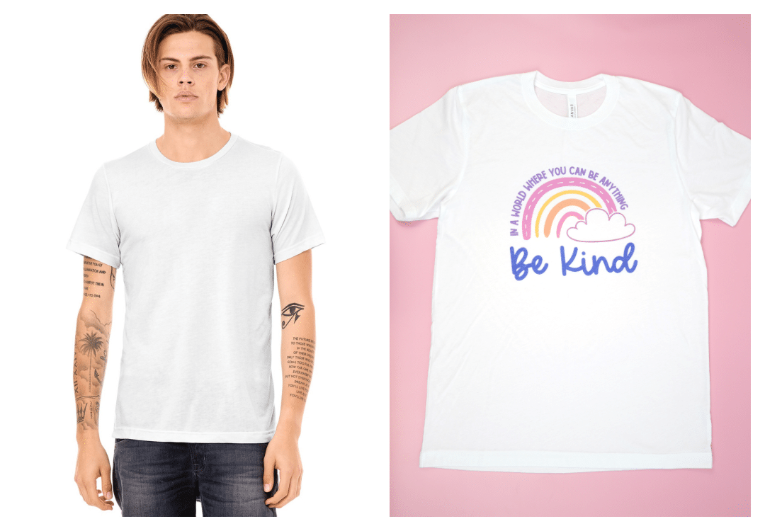 White Bella+Canvas Triblend  t-shirt - shirt fit shown on model, and also shown in flat lay with rainbow and "be kind" design
