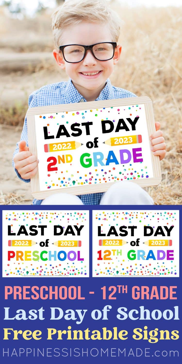 boy holding last day of school signs