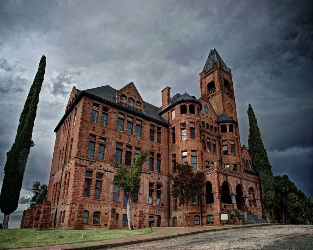 Preston Castle in front of a dark and stormy sky