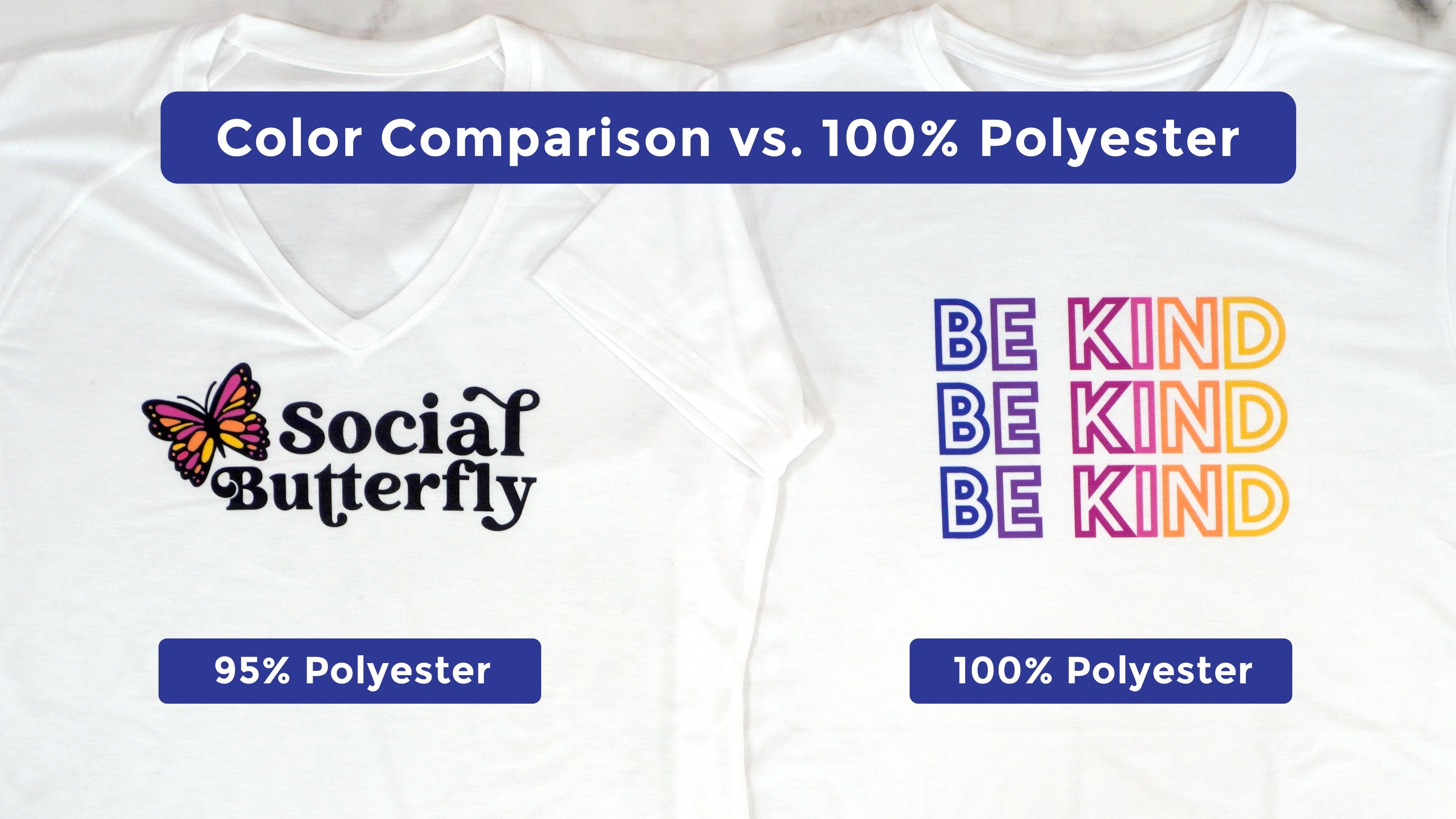 Two colorful printed white t-shirts side by side with labels \"95% polyester\" and \"100% polyester\" along with \"Color Comparison vs 100% Polyester\"