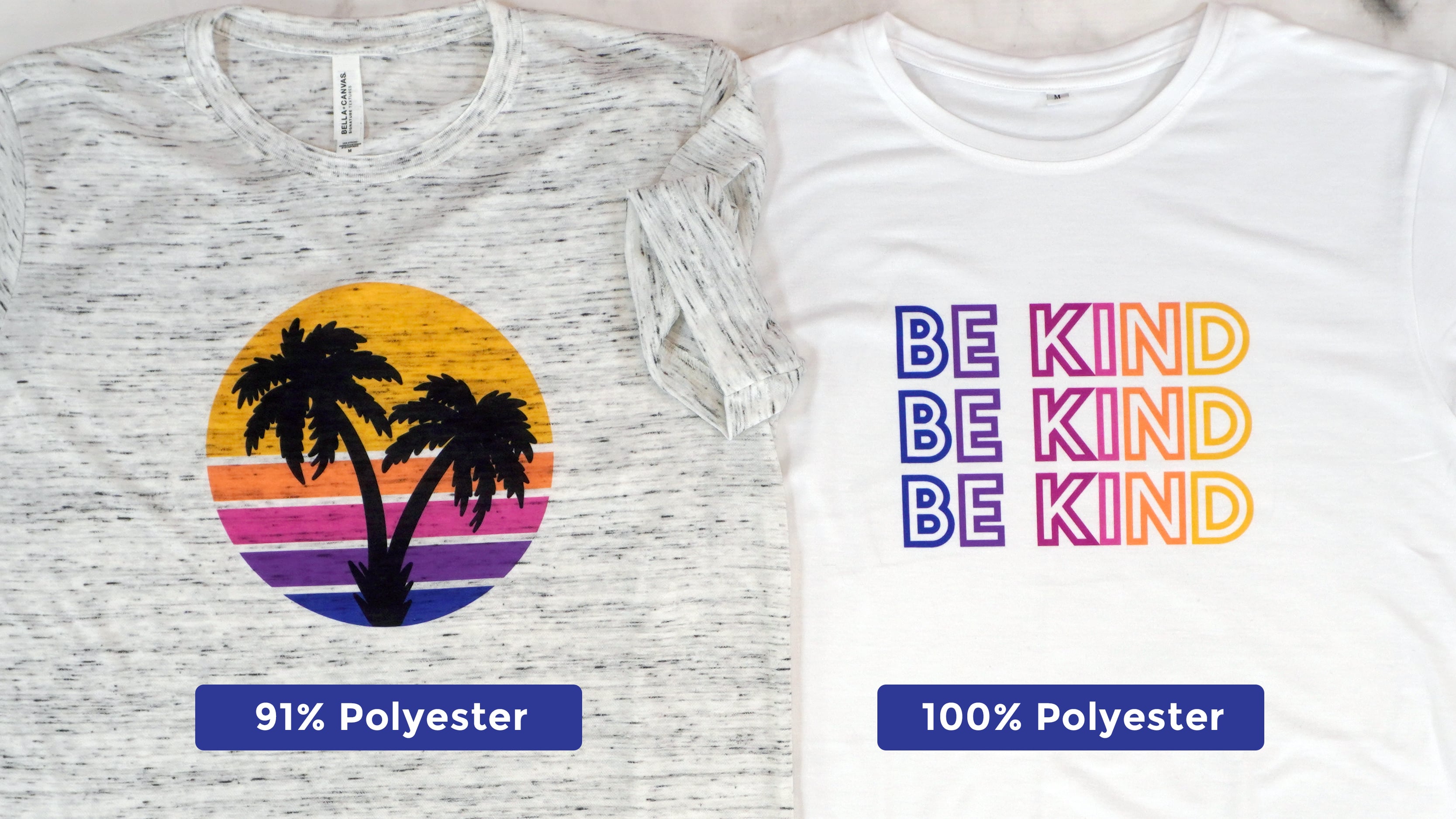 Two colorful printed t-shirts, one grey and one white, side by side with labels "91% polyester" and "100% polyester"