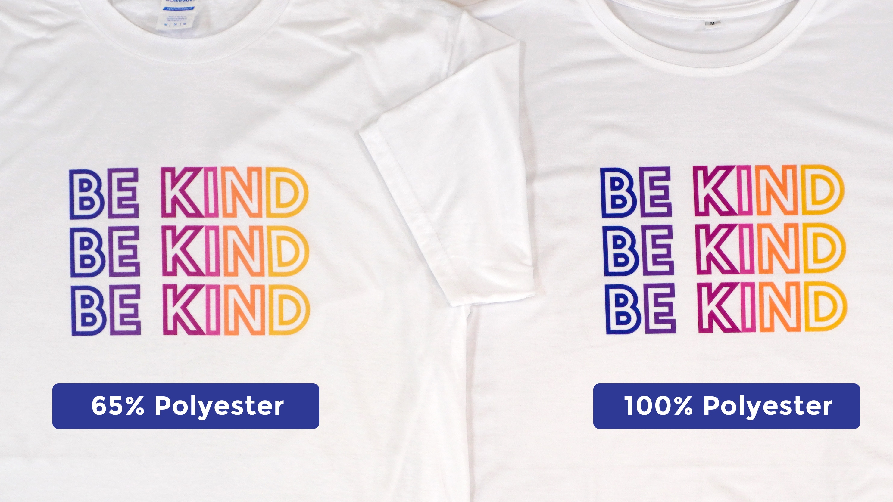 Two colorful printed white t-shirts side by side with labels "65% polyester" and "100% polyester"