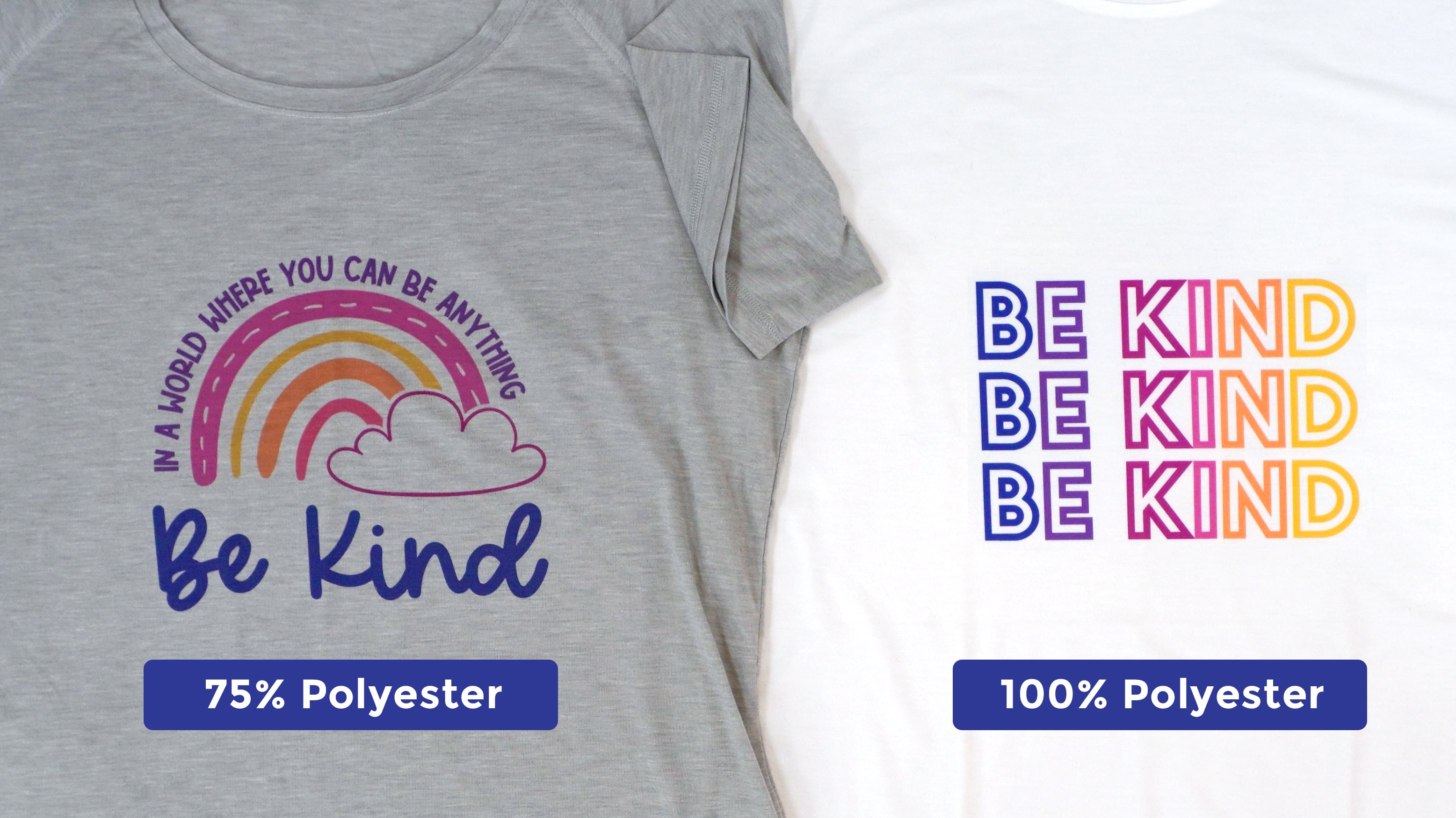 Two colorful printed t-shirts, one grey and one white, side by side with labels "75% polyester" and "100% polyester"