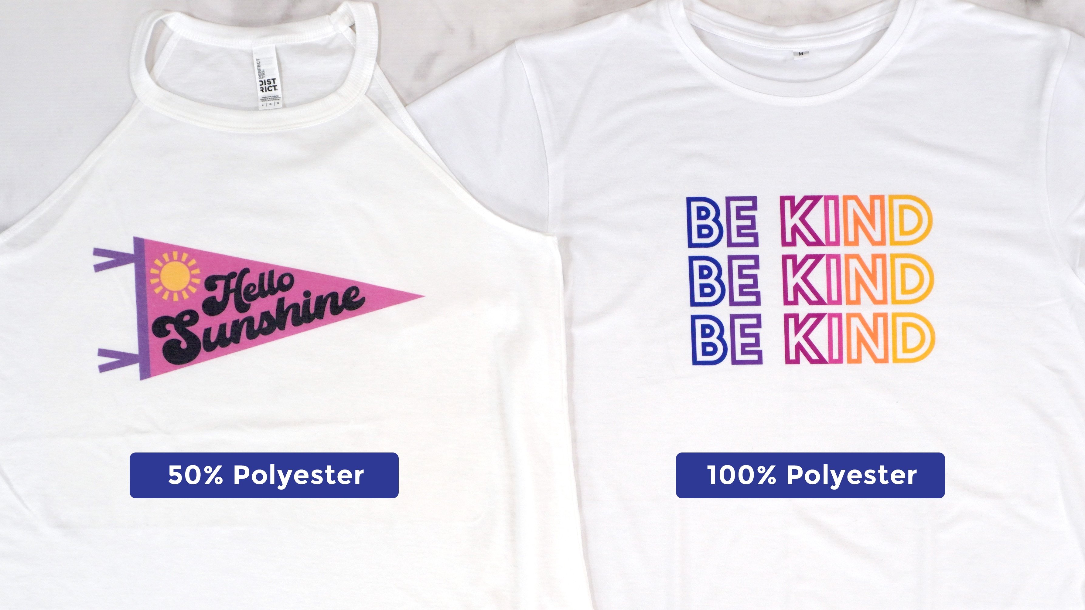 Two colorful printed white shirts side by side with labels "50% polyester" and "100% polyester"