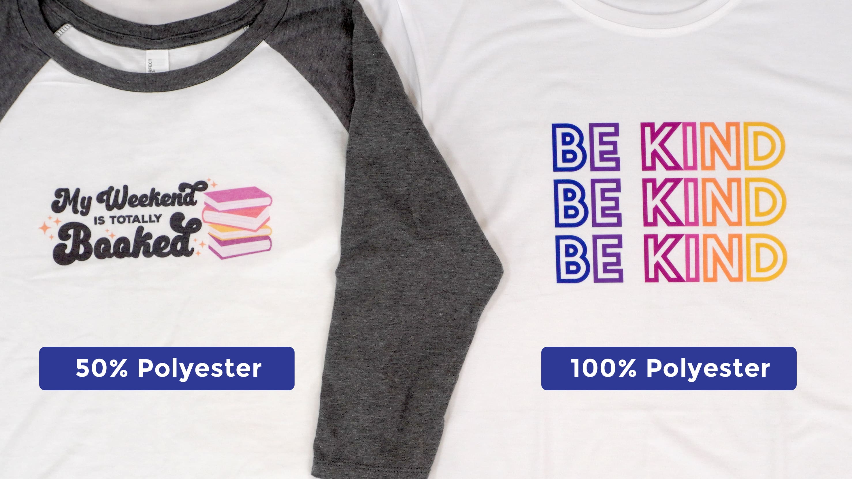 Two colorful printed shirts, one grey-white raglan and one white, side by side with labels "50% polyester" and "100% polyester"