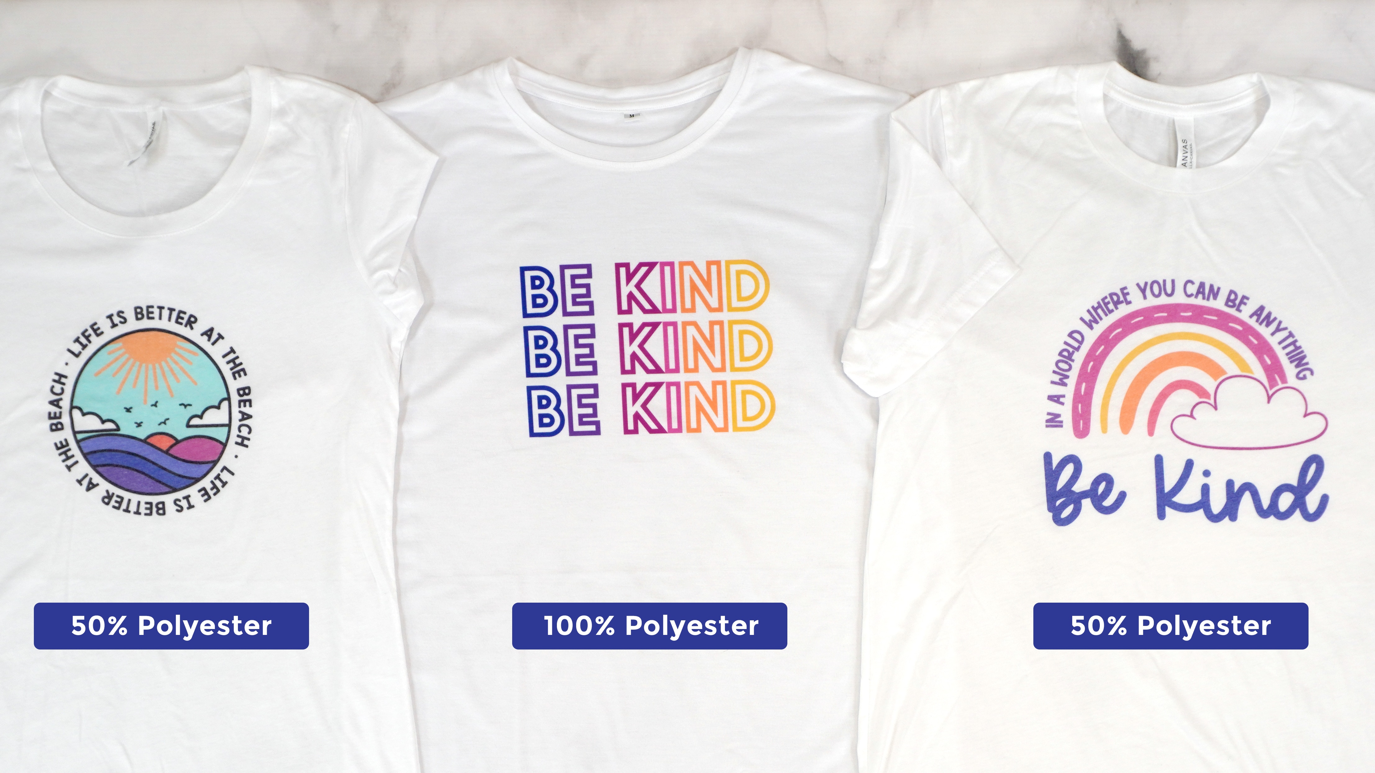 Three colorful printed white t-shirts side by side with labels "50% polyester," "100% polyester," and "50% polyester"