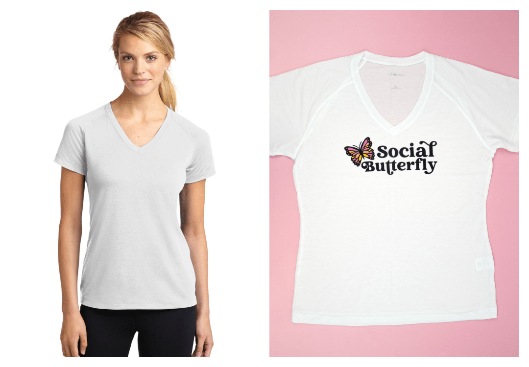 Sport-Tek V-Neck shirt - fit shown on model, and also shown in flat lay with "Social Butterfly" design