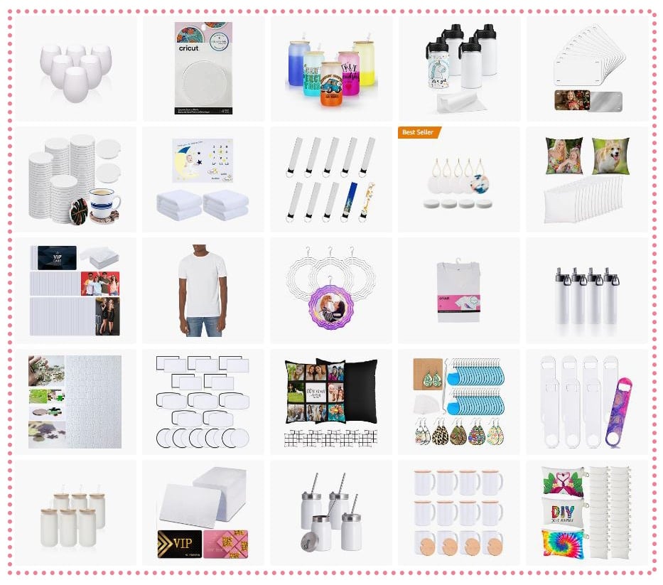 Collage of sublimation blanks including shirts, tumblers, mugs, patches, earrings, pillows, and bottle openers.