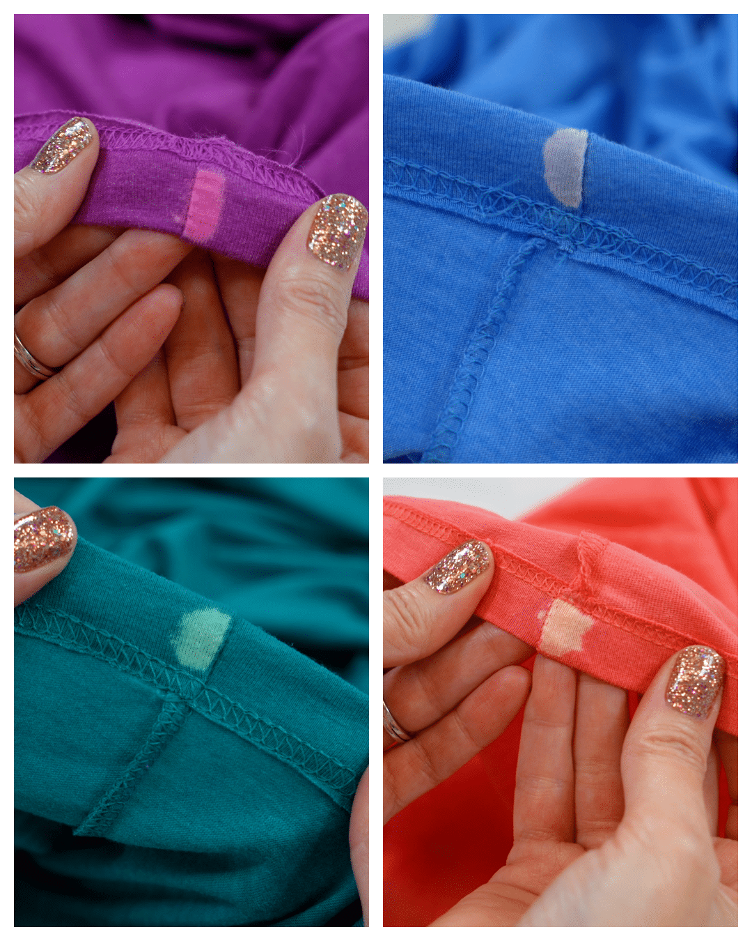 Close-up of the inside seam test patch of 4 different color t-shirts and the colors they will turn after bleaching
