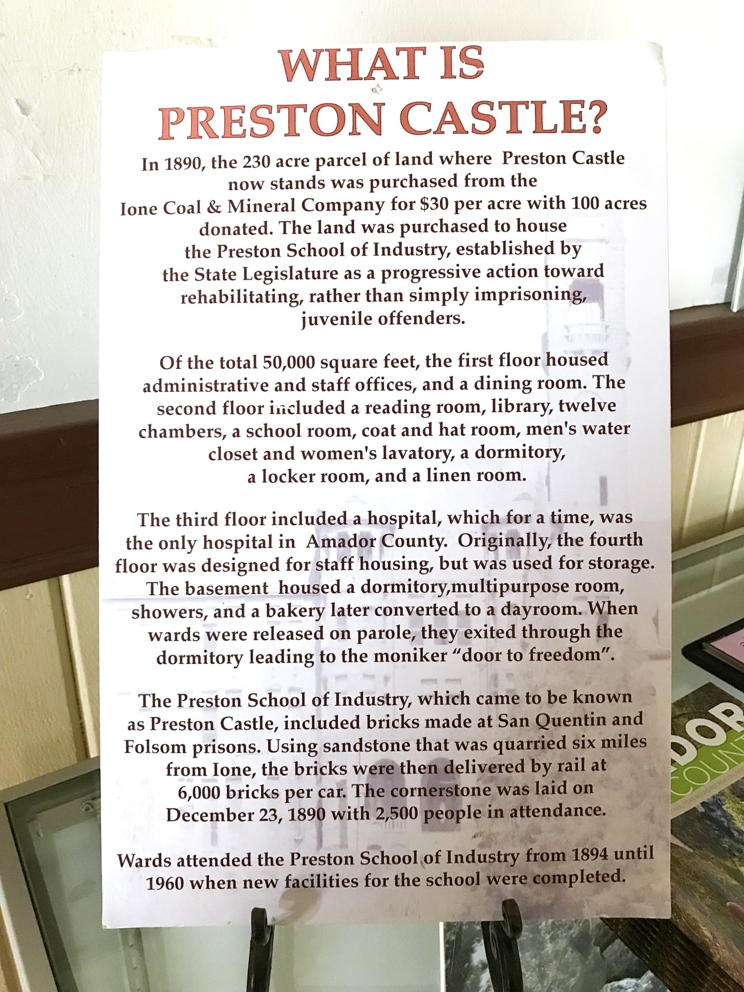 "What is Preston Castle" signage and historical information at the castle
