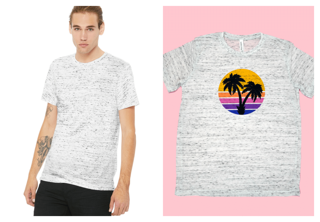 Bella+Canvas White Marble shirt - shirt fit shown on model, and also shown in flat lay with sunset and palm trees design