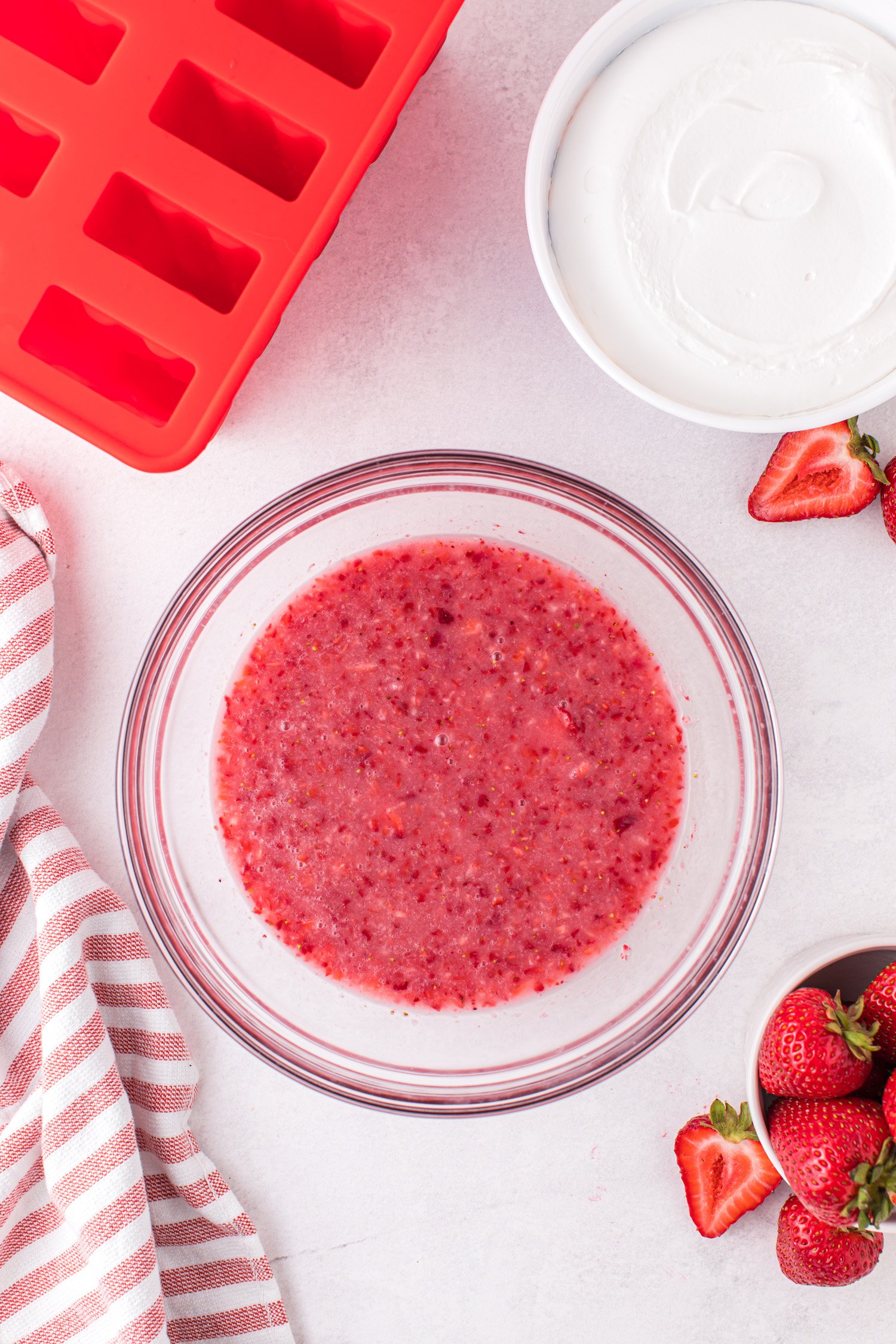blended strawberry puree for quick and easy popsicle recipe