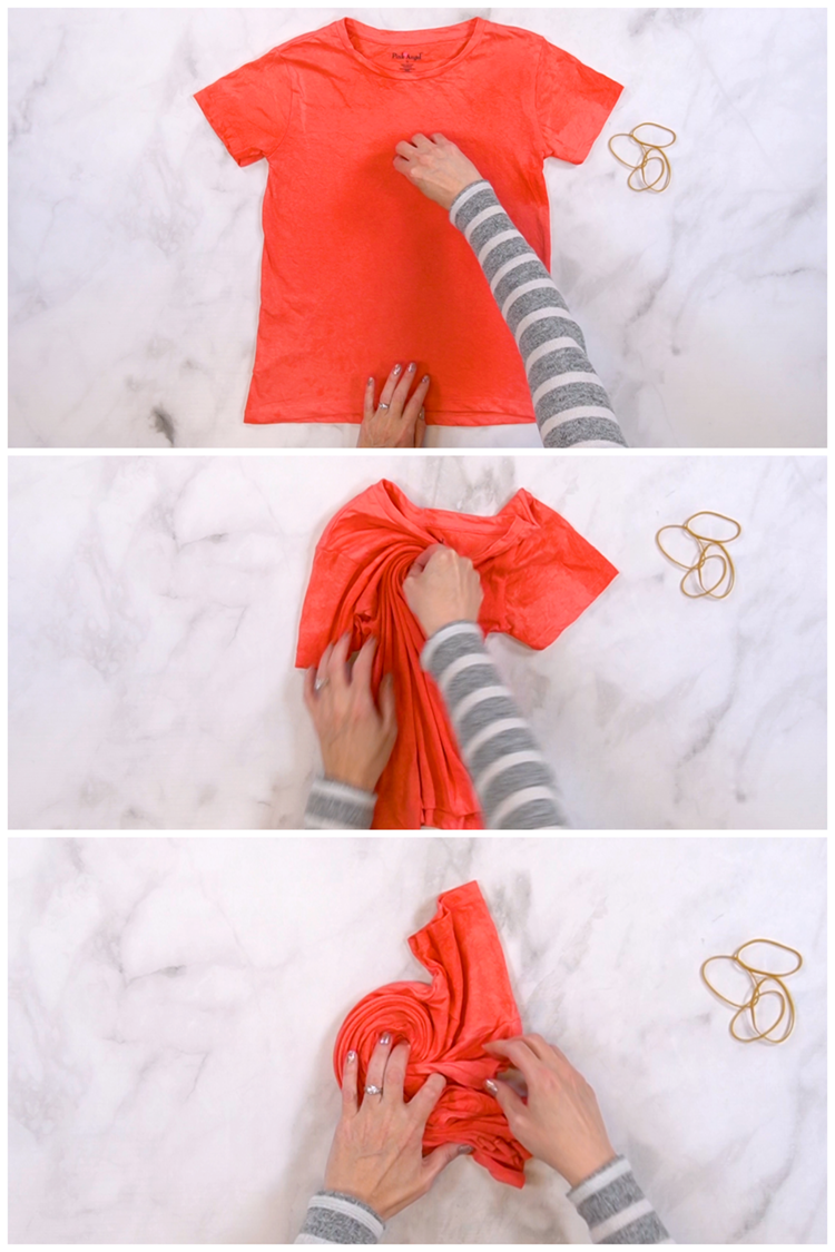 tri-panel depicting an orange shirt being spiral folded in 3 steps for bleach tie-dye