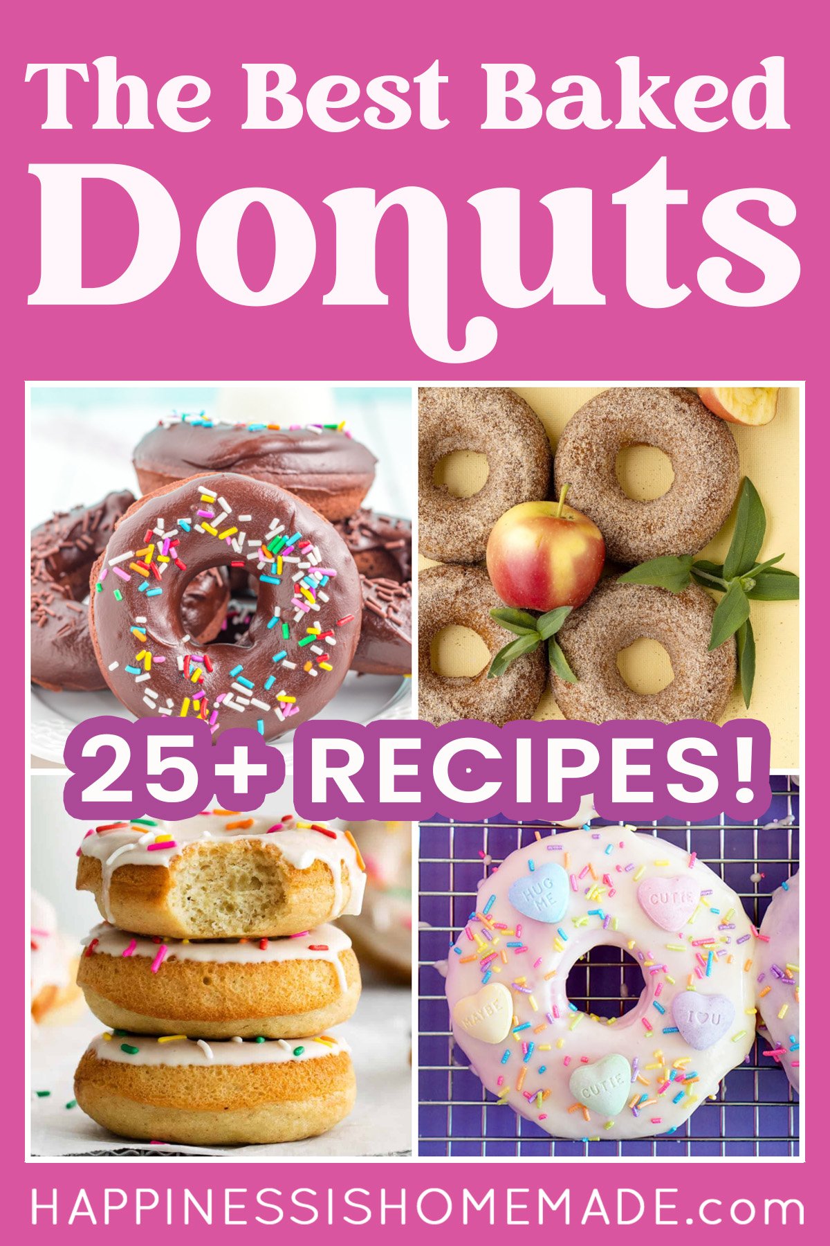 Graphic with text "The Best Baked Donuts: 25 Recipes!" and collage of 4 different types of baked donuts