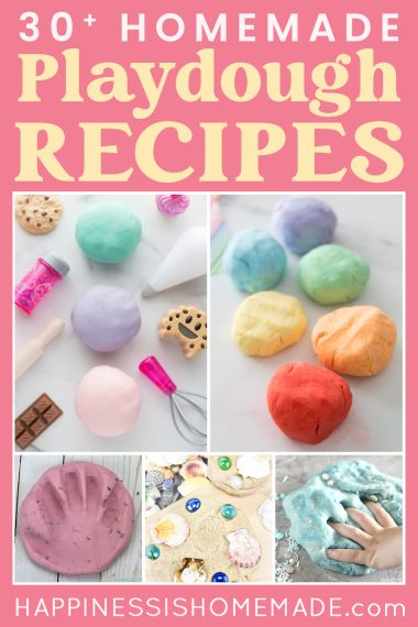 "30+ Homemade Playdough Recipes" graphic with collage of homemade play dough