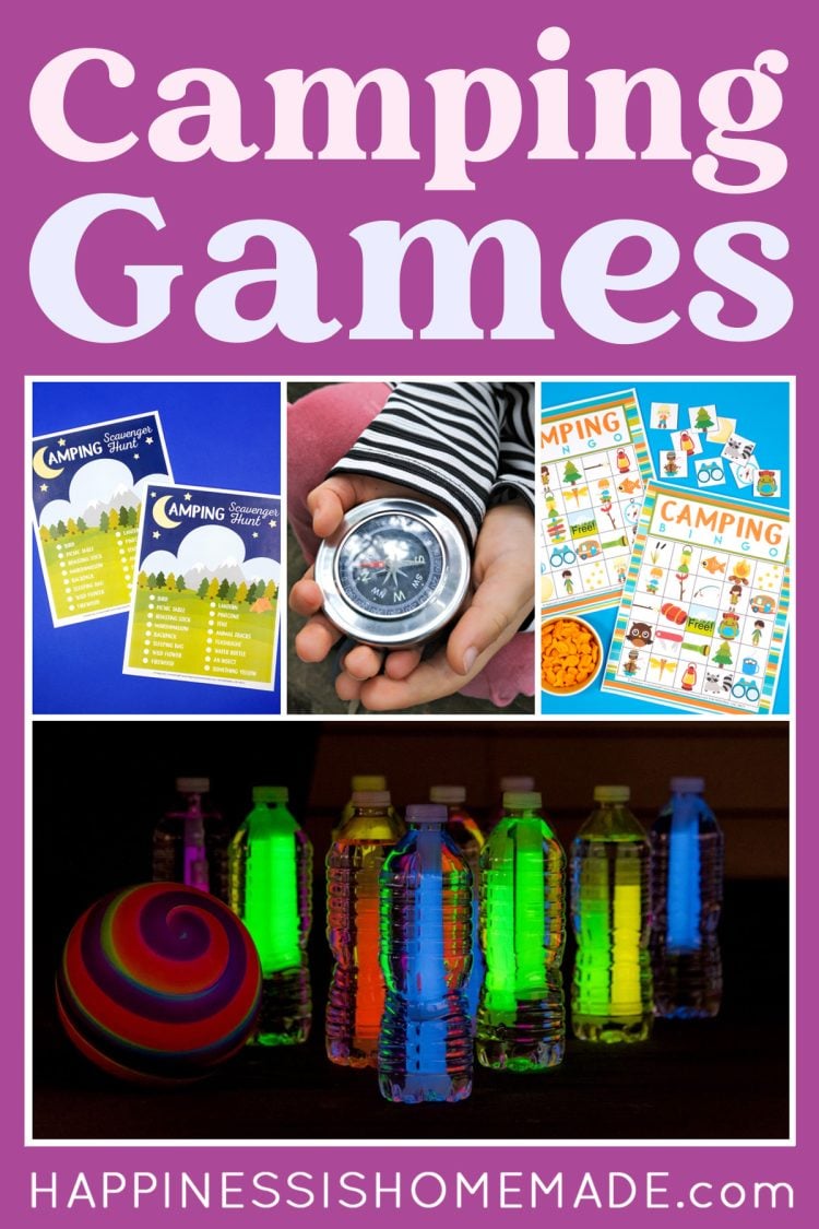 "Camping Games" graphic with text and collage of four camping games for kids and adults