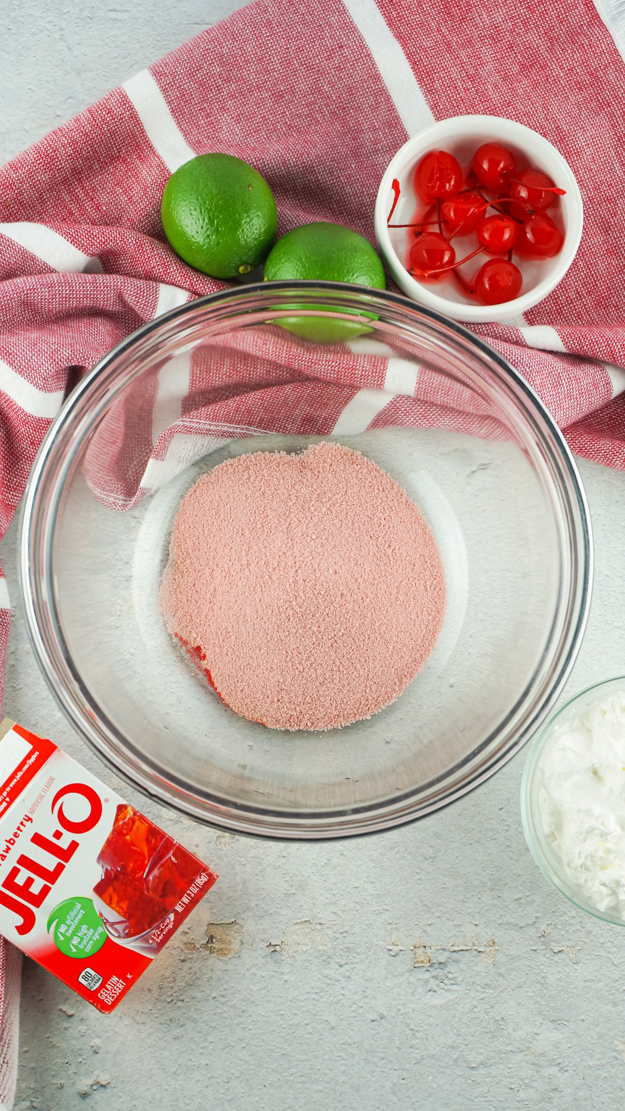 jello mix poured into mixing bowl